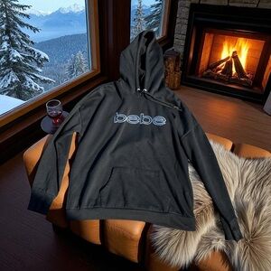 Bebe Black Hoodie with Silver Sparkle Logo Thumb Holes Kangaroo Front Pocket 2X